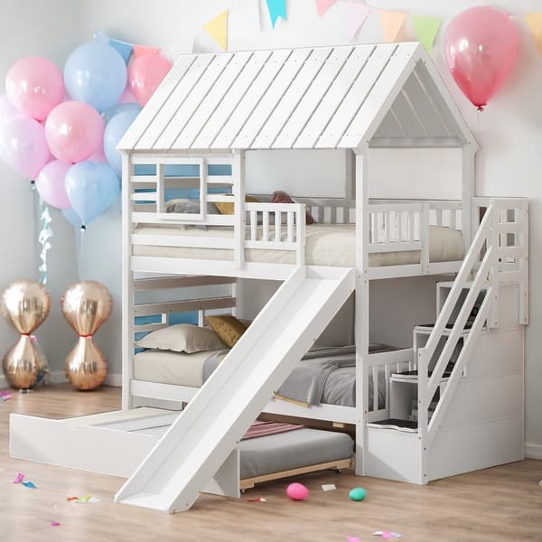 slide 2 of 20, Twin over Twin House Bunk Bed with Trundle and Slide, Storage Staircase, Roof and Window Design, White White