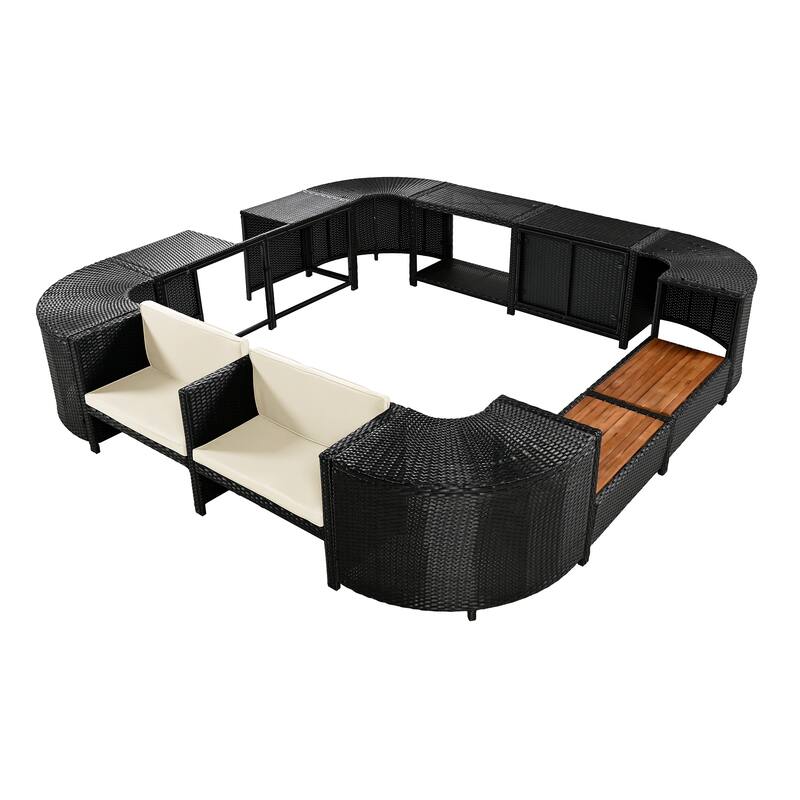 Outdoor Rattan Spa Frame Conversation Sofa Set with Storage & Wooden Bench