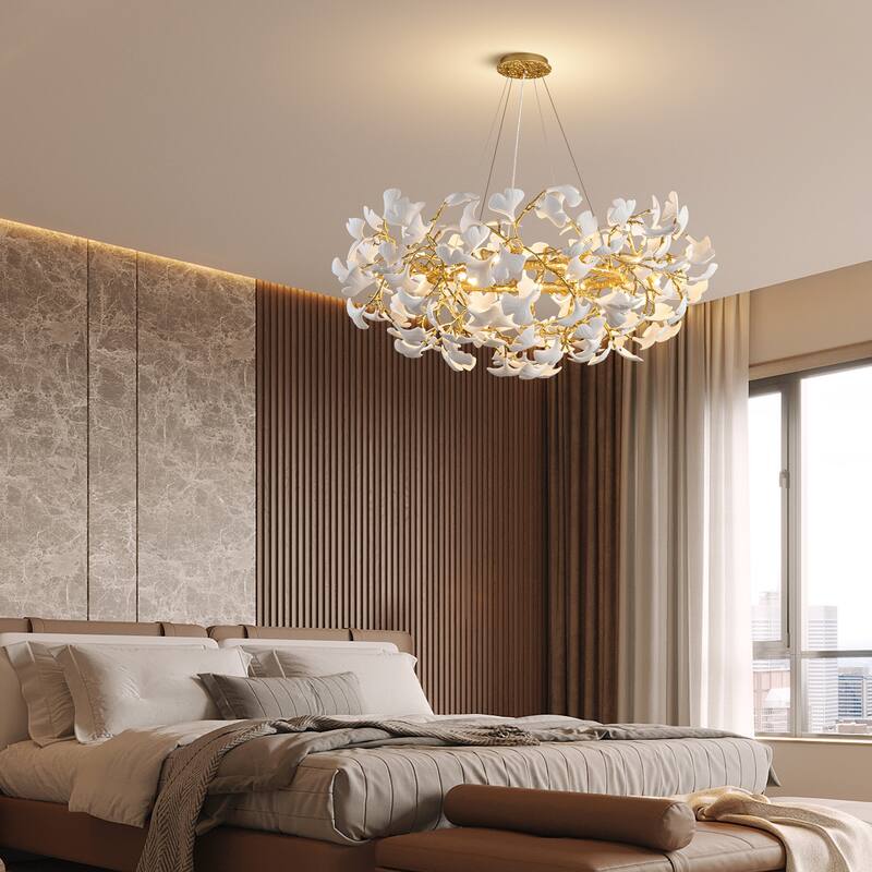 Modern Ginkgo Leaf Ceramic Chandelier, Moon Ring Round Pendant Light, D550-D1200, Gold Finish