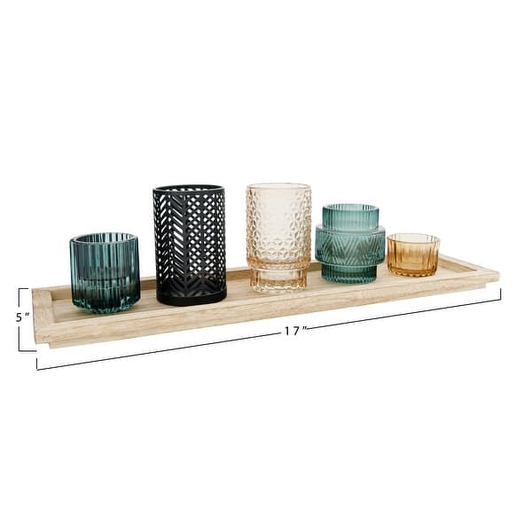 Embossed Glass and Metal Tealight Candle Holders in a Wood Tray