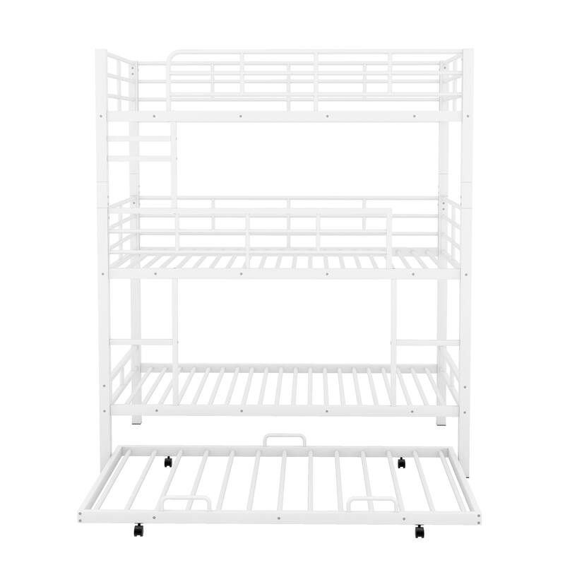 White Triple Bunk Bed with Trundle, Twin Size, Space-Saving Design