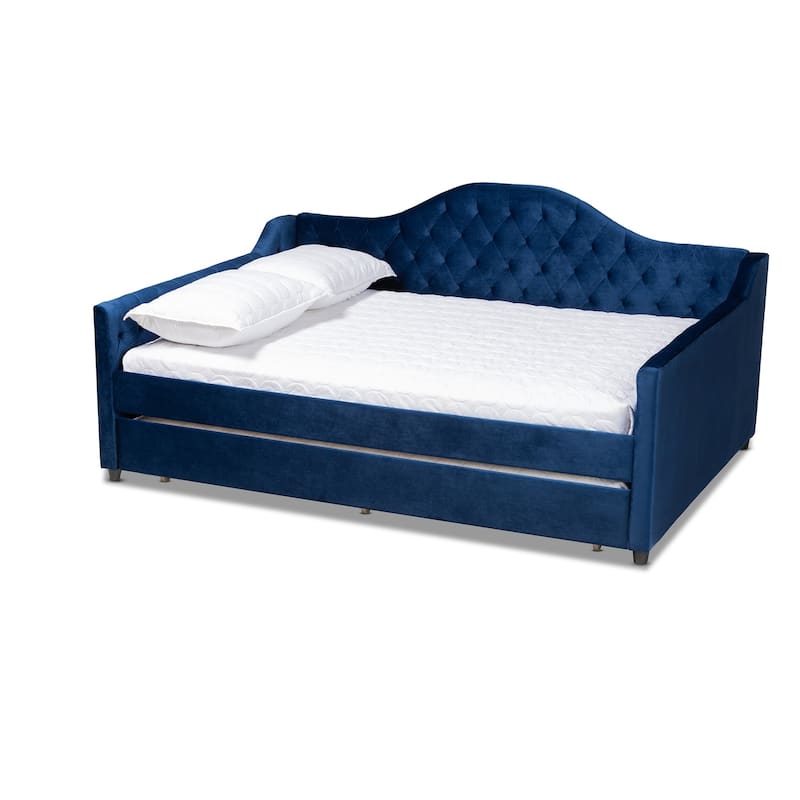 Queen Size Daybed with Trundle - Navy Blue Velvet Upholstered Modern Daybed