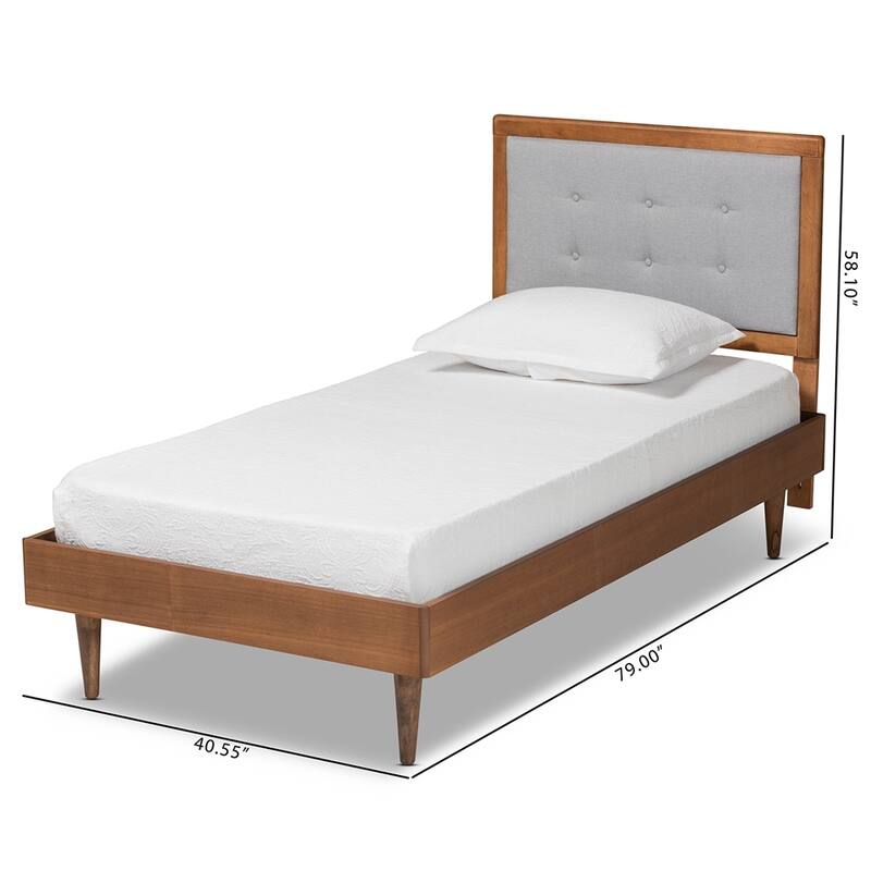 Walnut Brown Twin Size Wooden Platform Bed with Upholstered Headboard and Button-Tufted Details