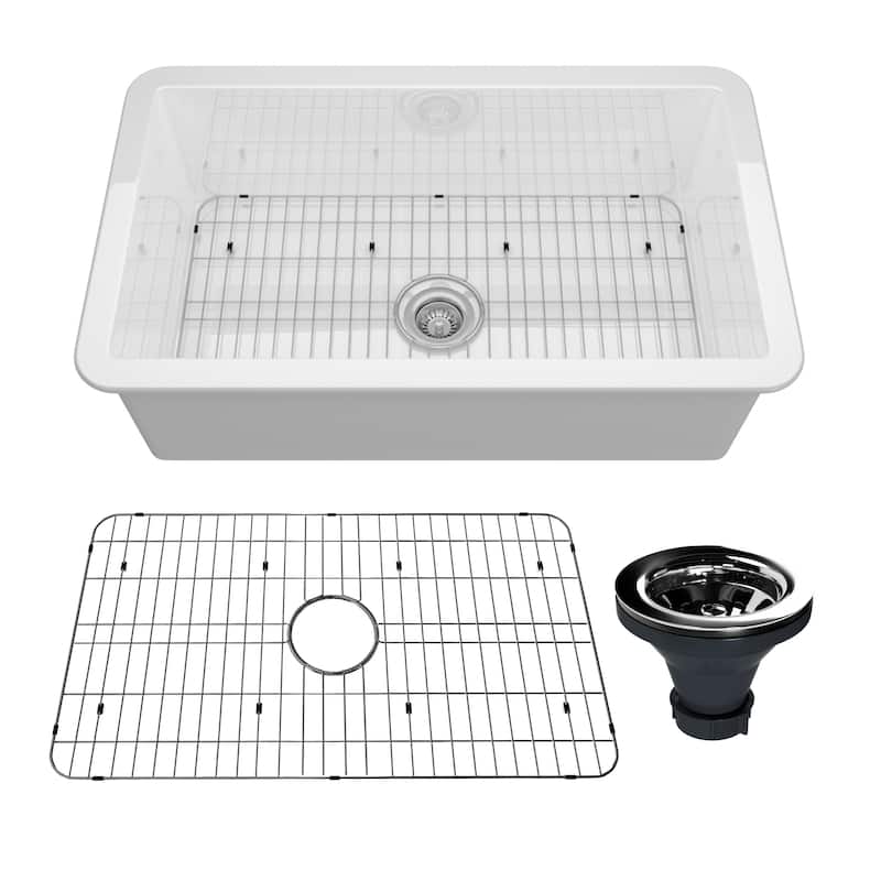 CASAINC Undermount Single Bowl Fireclay Kitchen Sink with Bottom Grid and Strainer, cUPC Certified