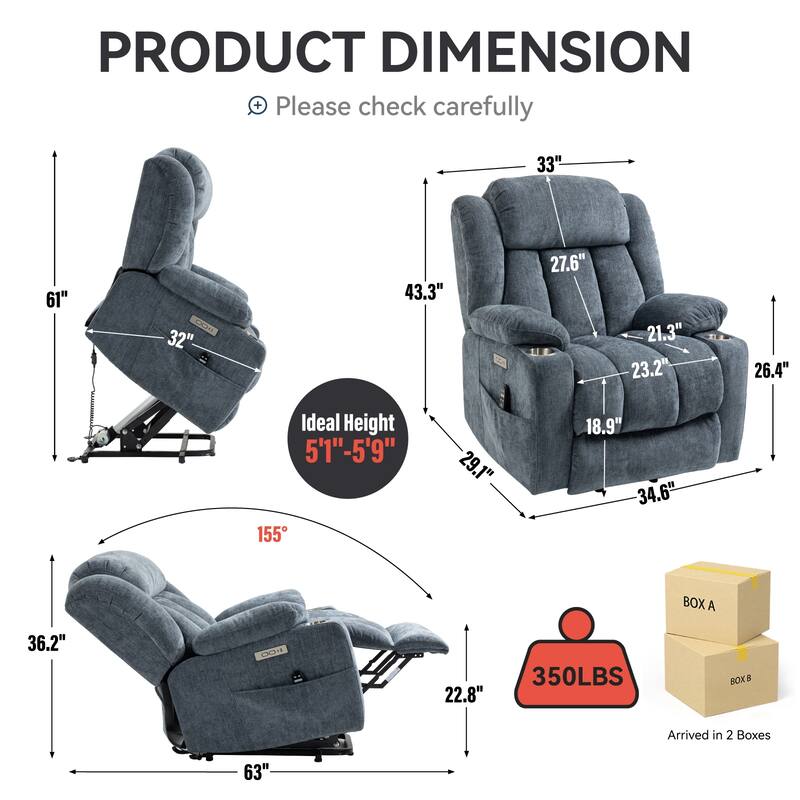 Roomfitters Heavy Duty Power Lift Recliner, Chenille Massage Chair with USB-C Charging and Stainless Cup Holders