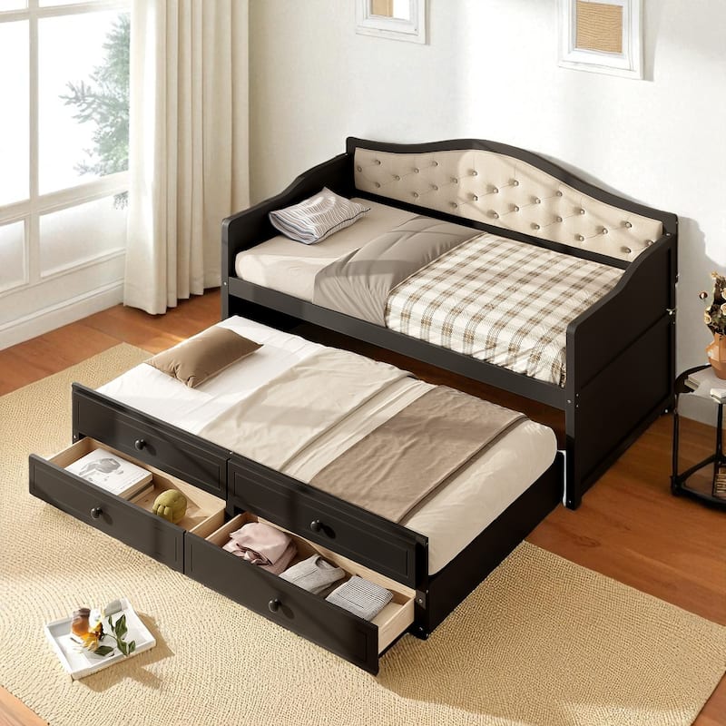 Twin Daybed with Trundle and 2 Storage Drawers, Upholstered Button Tufted Sofa Bed with Solid Wood Frame