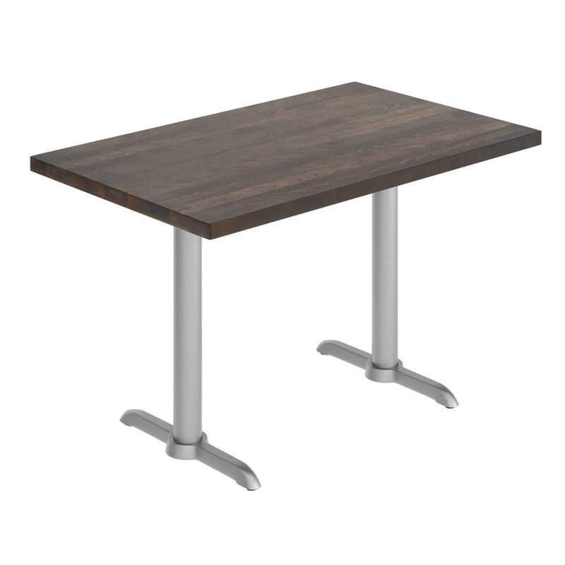 Rectangular Solid Wood Commercial Tabletop w/Two 22" x 22" Dining Height T-Bases - 30"W x 48"D x 29.5"H - Dark Brown Top/Silver Base