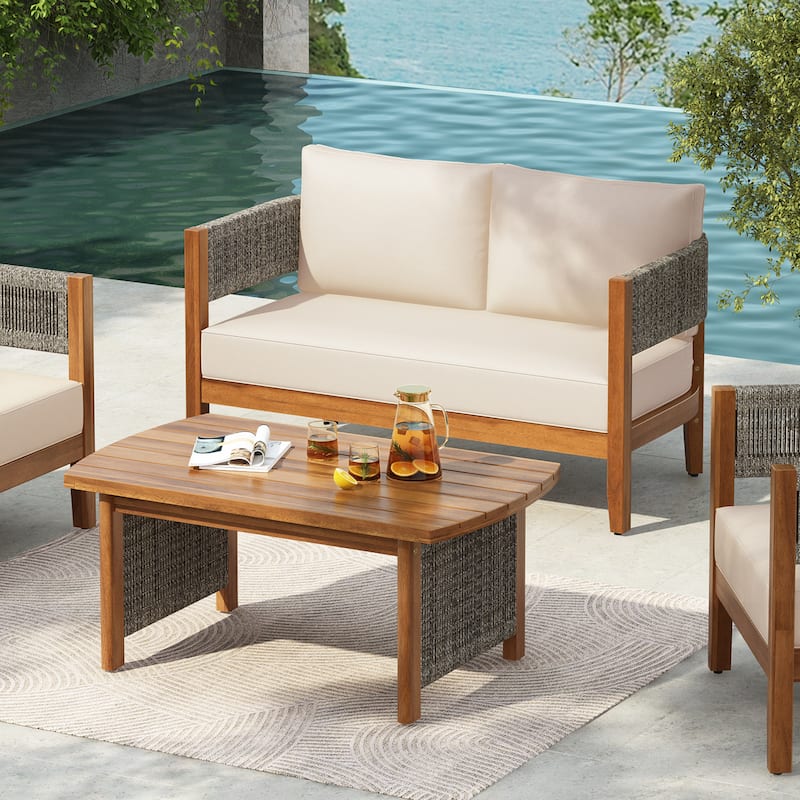 Christopher Knight Home - Zelphius Outdoor Acacia Wood Loveseat with Table - Teak Finish + Grey Rope + Beige Cushion