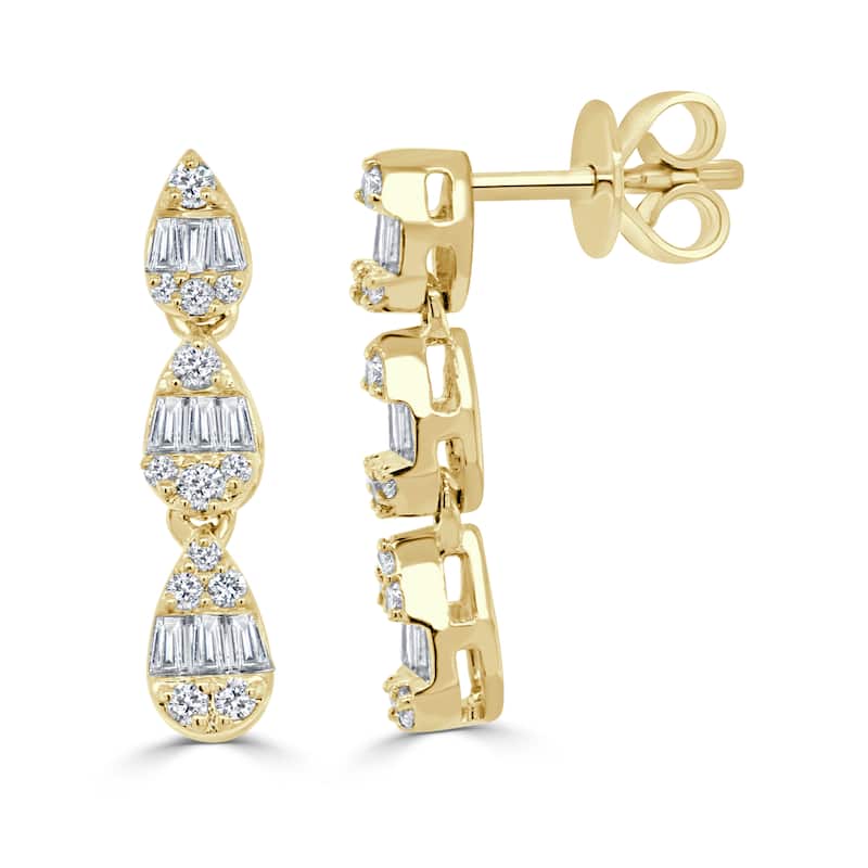 Joelle Collection Diamond Drop Earrings 14K Gold Baguette & Round Diamond