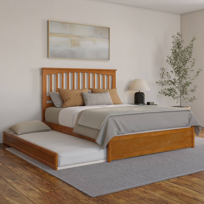Everett Platform Bed with Panel Footboard and Twin XL Trundle - Light Toffee - Queen