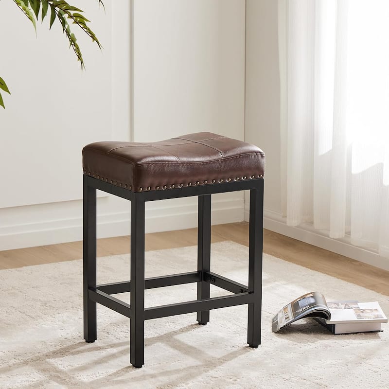 Bar Stools Set of 2, 24 inch Counter Height Saddle Stools, Upholstered Modern Kitchen Barstools with Metal Base, PU Leather