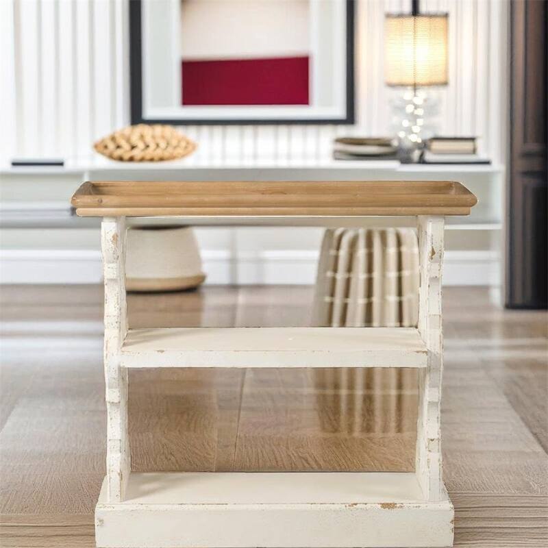 Three Tiers Distressed Wood Console Table - Brown + Antique White