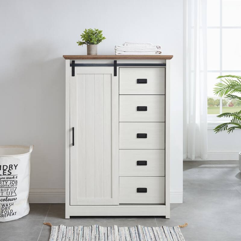 White Farmhouse 5-Drawer Dresser w/Sliding Barn Door, Multi-Room