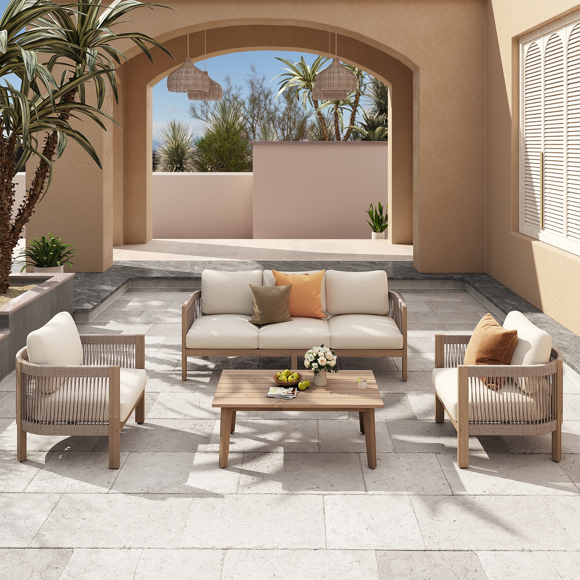Outdoor Wooden Conversation Set with Cushions