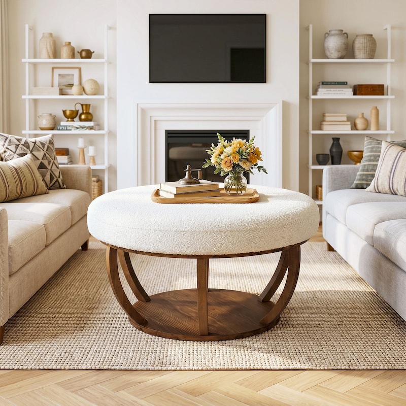 2-Tier Round Ottoman Coffee Table with Solid Wood Frame for Living Room - 31.5" L x 31.5" W x 18.1" H