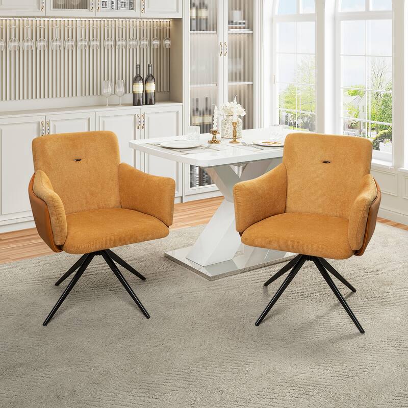 360° Swivel Home Office Desk Chairs Set of 2,Dining Chairs with Arm, Upholstered Bedroom Chairs with Metal Base,Makeup Chair