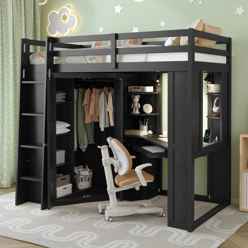 Twin Loft Bed with Integrated Wardrobe Desk Keyboard Tray Charging Station