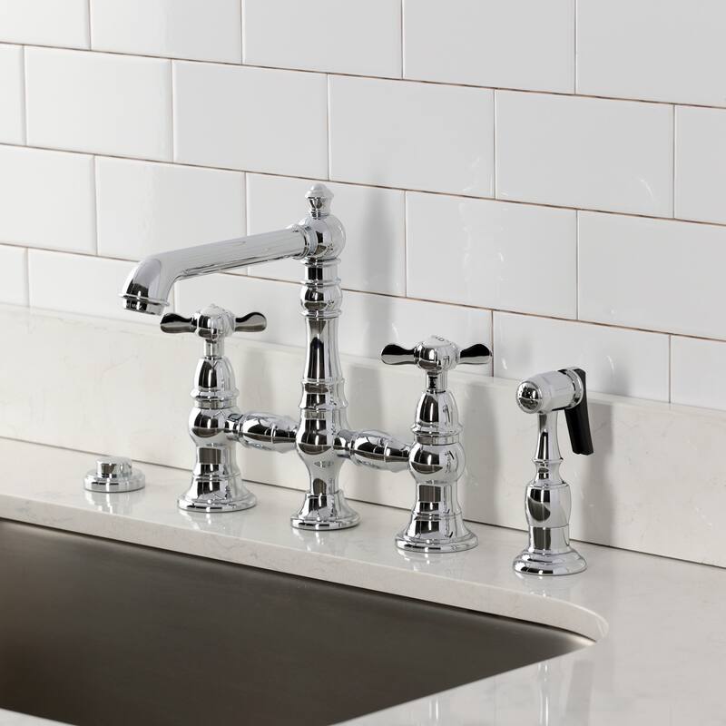 Kingston Brass Essex Two-Handle 4-Hole Deck Mount Bridge Kitchen Faucet with Brass Side Sprayer