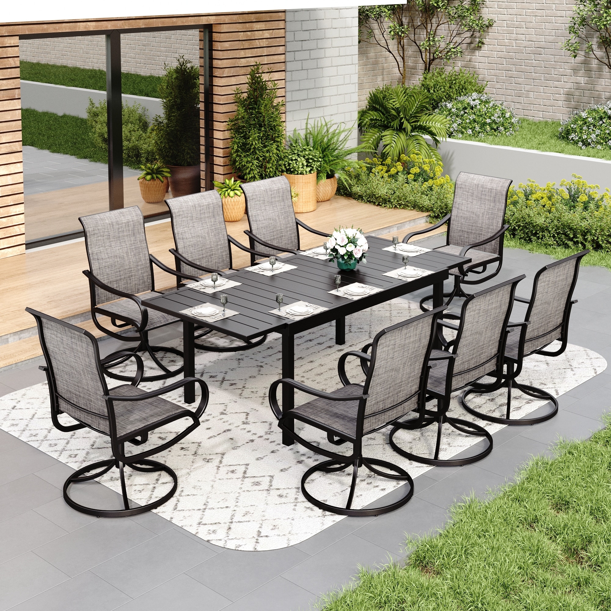 MAISON ARTS 7/9 Pieces Patio Dining Furniture Set with Dining Swivel Chairs and 1 Expandable Outdoor Dining Rectangle Table