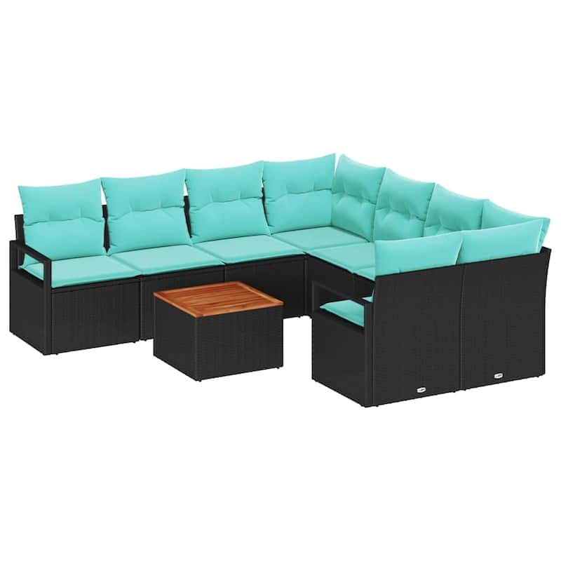vidaXL 9 Garden Sofa Set with Cushions Black/Grey Poly Rattan - 91.3 x 92.1 x 27.2
