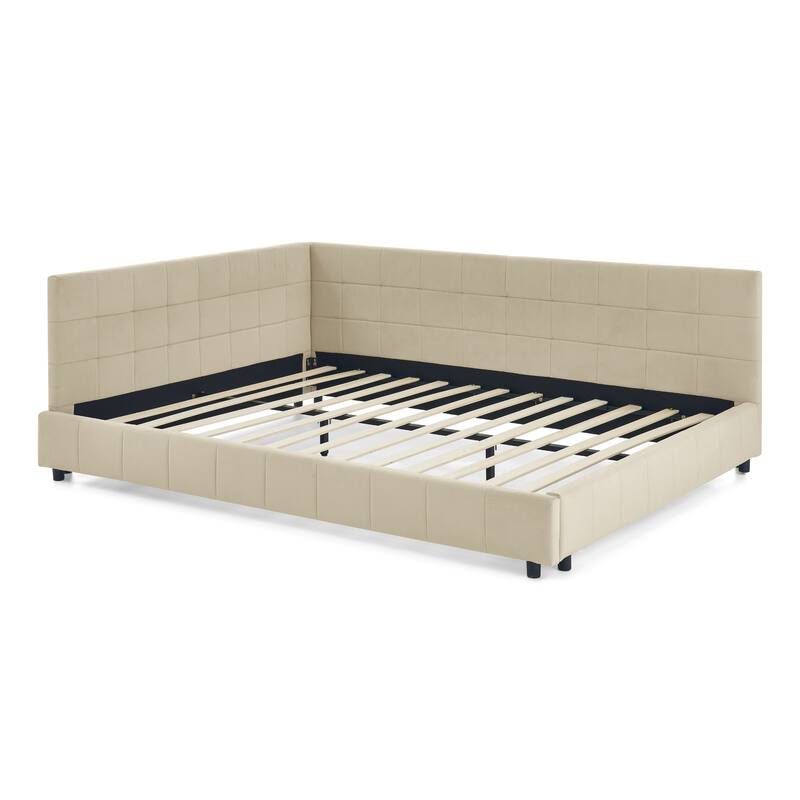L-shaped Velvet Upholstered Daybed Tufted Sofa Bed with Soft Backrest Armrests - and Optional Corner Storage Day Bed
