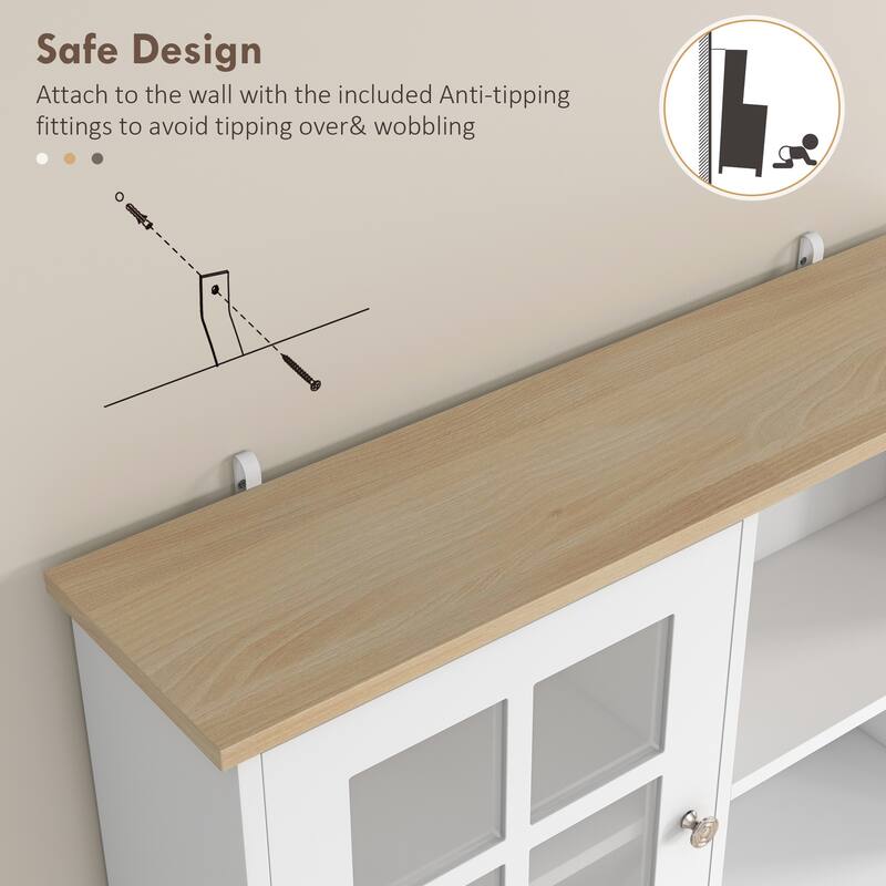 72" Freestanding Storage Cabinet with Hutch, Large Countertop, Glass Doors and Adjustable Shelves