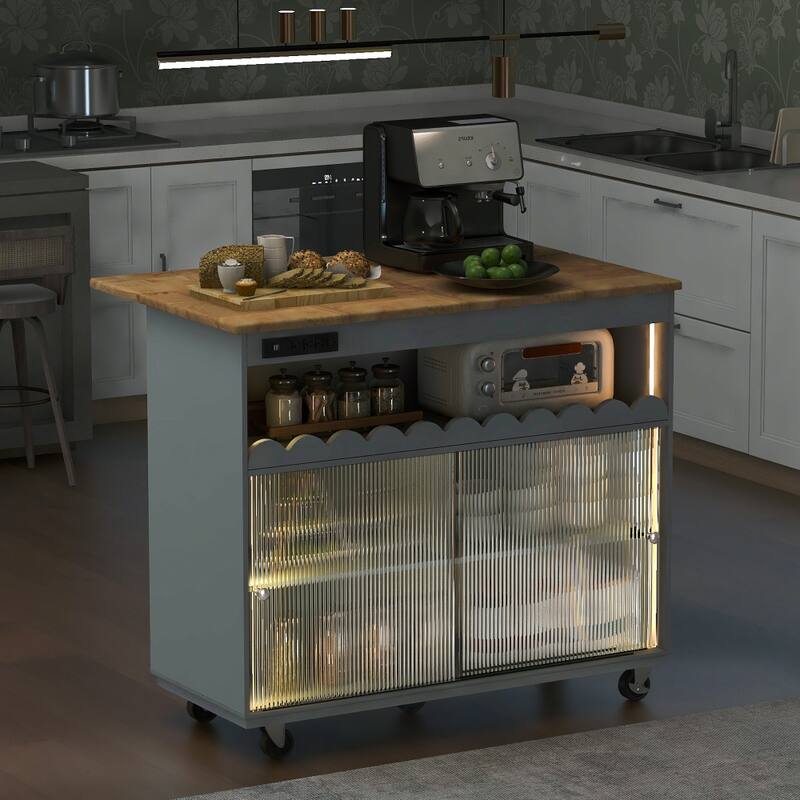44 in. Rubber Wood Drop-Leaf Countertop Kitchen Island on 5 Wheels with Open Shelf and Wine Rack