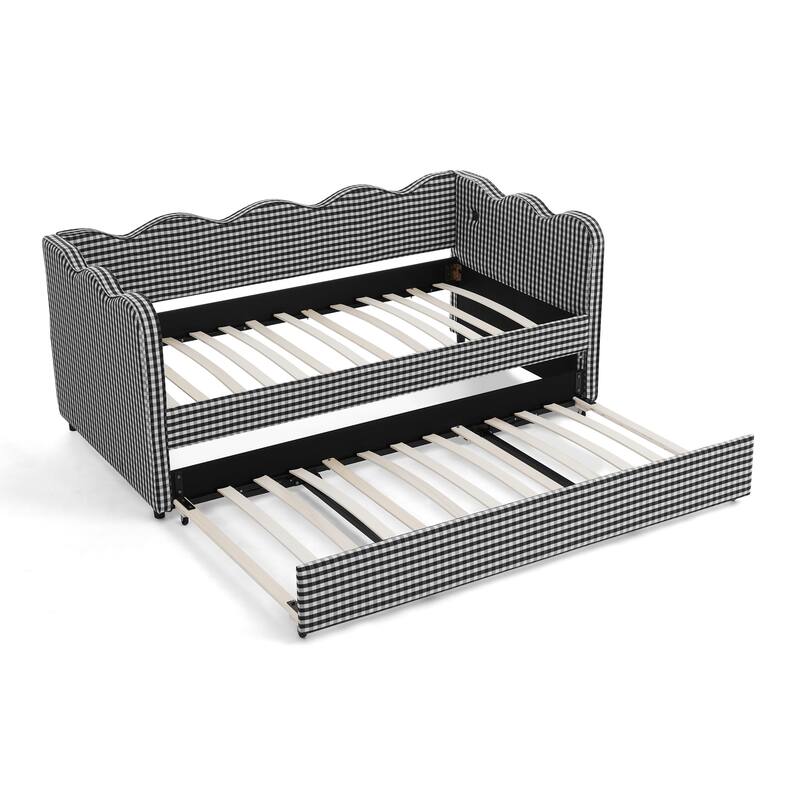 Twin Size Gingham Daybed Upholstered Sofa Bed with Trundle, Wave Shaped Armrest & Backrest, USB Port, No Box Spring Needed