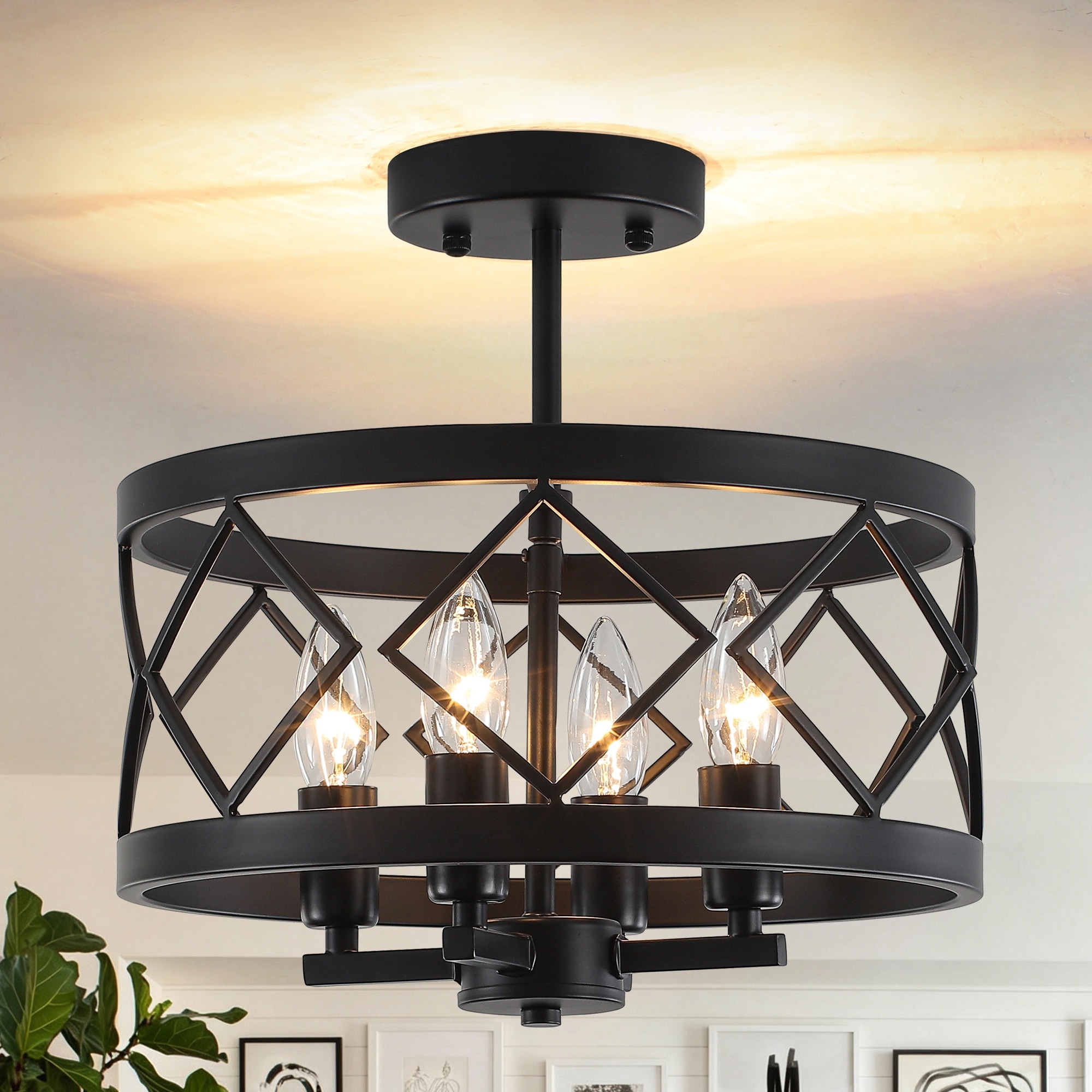 Zjvaive Farmhouse 4-Light Drum Cage Semi Flush Mount Metal Ceiling Light for Hallway Entryway