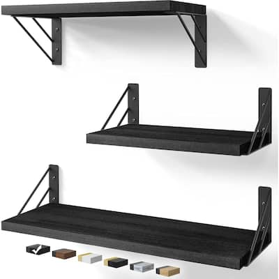 Set of 3 Wall Shelves, Rustic Floating Shelves for Books and Plants(Black)