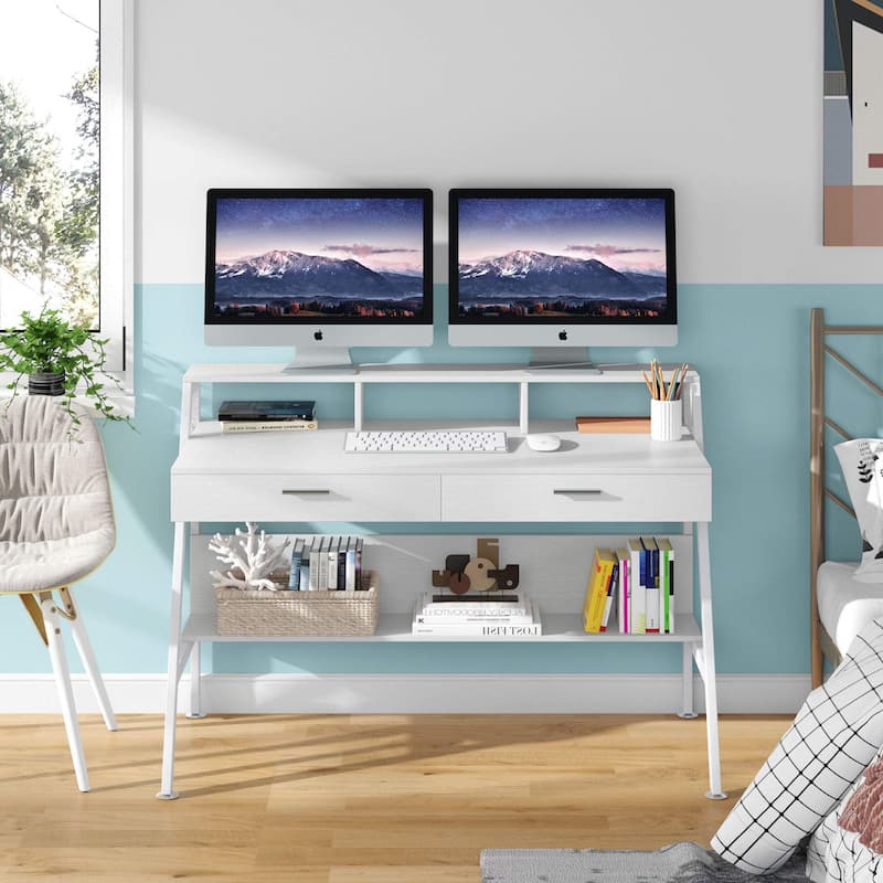 47 Inch Computer Desk with Drawers and Storage Monitor Hutch Shelf