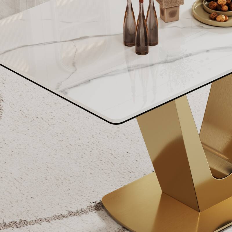 0.47" Thick Sintered Stone Composite Tempered Glass Top Dining Table with Stainless Steel Base