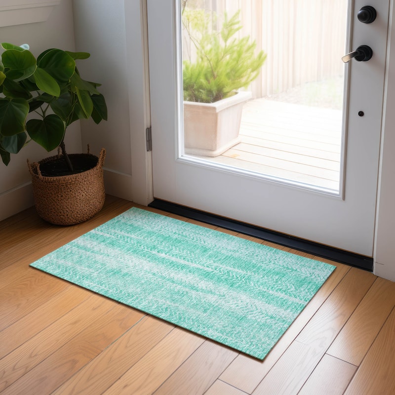 Machine Washable Indoor/ Outdoor Chantille Modern Imprints Rug - Aqua - 1'8" x 2'6"