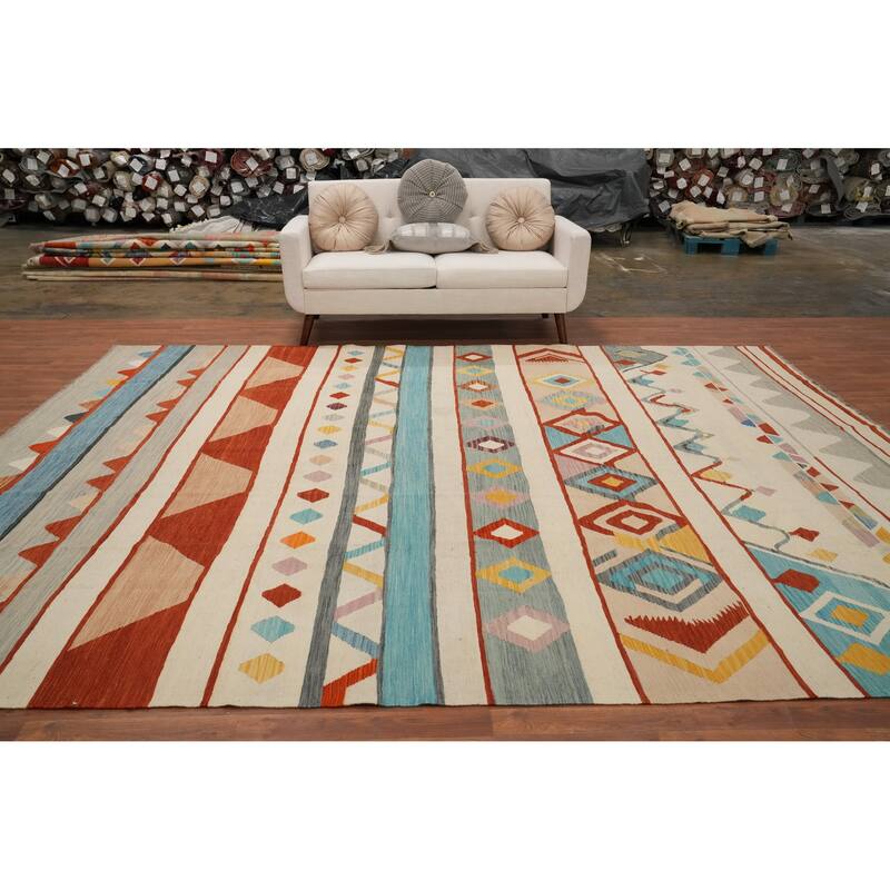 Hand Woven Oriental 100% Wool Carpet Southwestern Tribal Multi-Colored Kilim Area Rug - 11' 8'' X 9' 4''