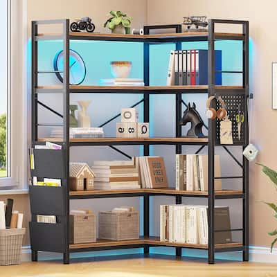 LED 5 Tier Bookshelf 55 inch Wide Bookcase Pegboard Storage Bag