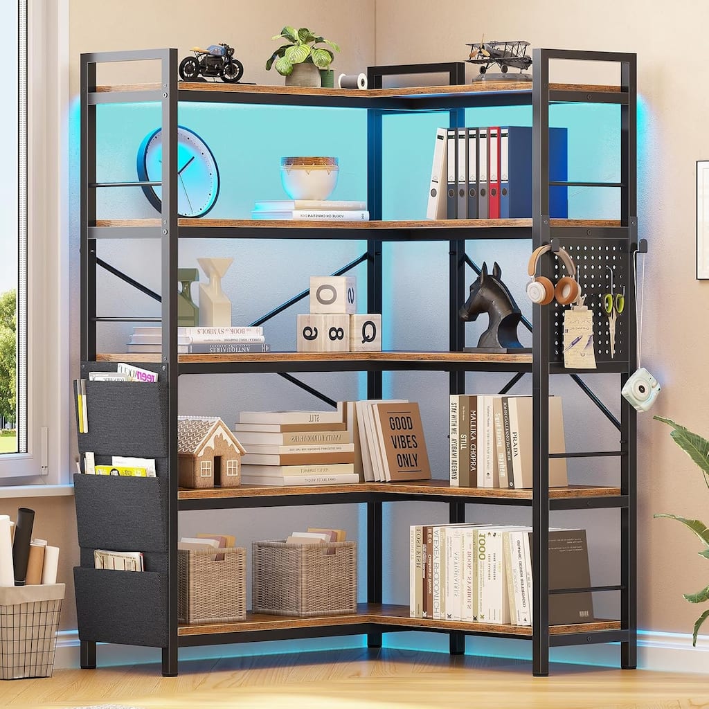 LED 5 Tier Bookshelf 55 inch Wide Bookcase Pegboard Storage Bag