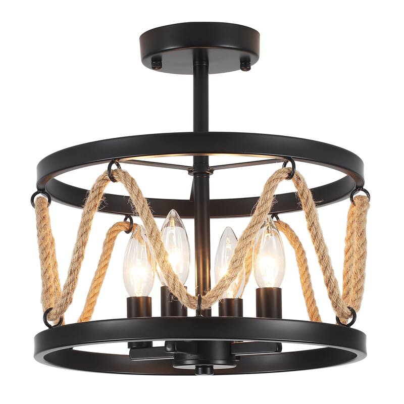 4-Light Hemp Rope Semi- Flush Mount with No Bulbs Included