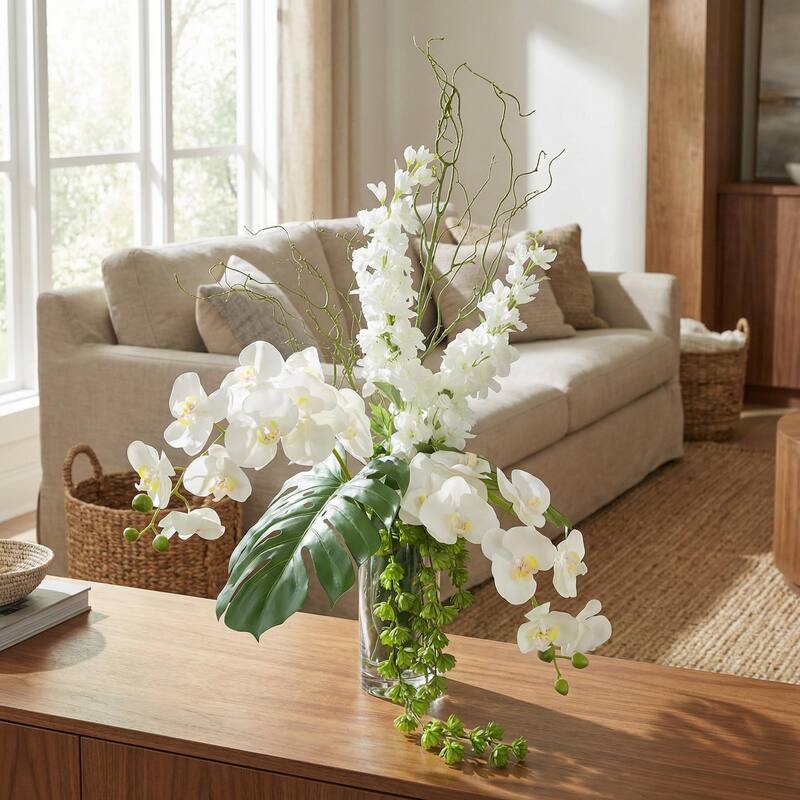 Tropical Centerpiece with Orchids and Monstera Leaves - 39