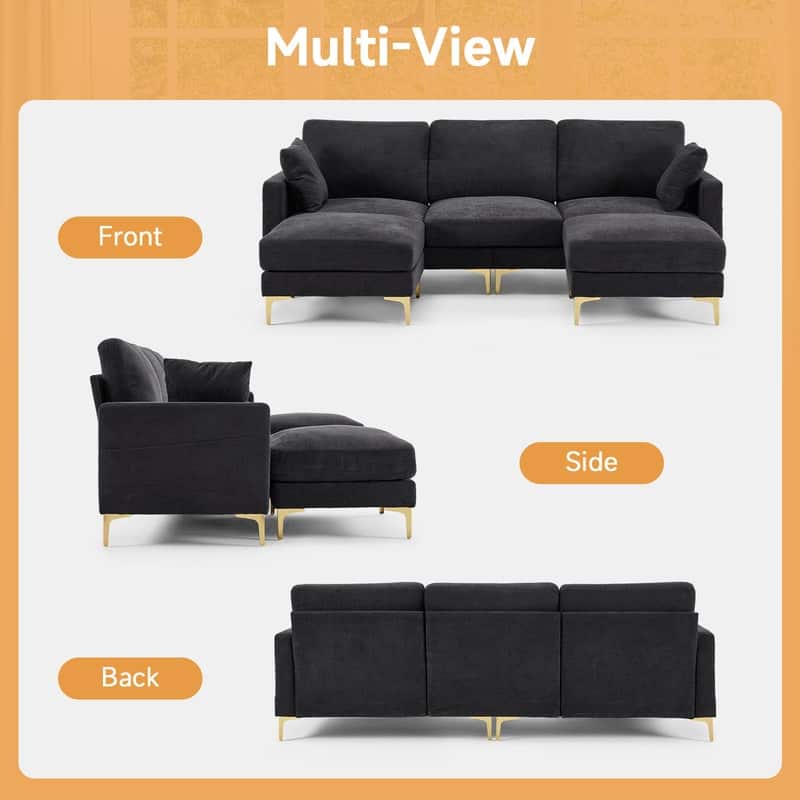 100'' W Gold Leg Square Arm Sofa with 2 Ottomans