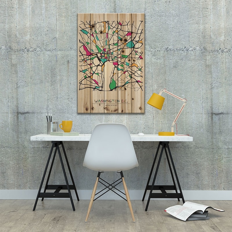 Washington D.C., Usa Map Print On Wood by Ayse Deniz Akerman - Multi-Color