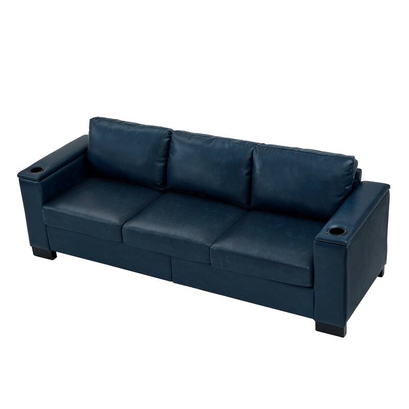 Faux Leather Upholstered Loveseat, Oversized 3 Seater Sofa with Square Arms, Deep Seat Sofa with Cup Holder & Storage