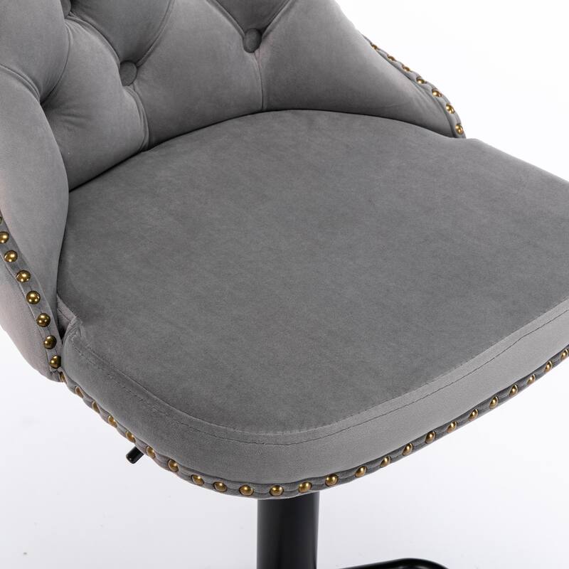 Gray Bar Stools Set of 2, Velvet Swivel Barstools w/ Footrest & Nailhead Trim, Adjustable Armless Upholstered Modern Bar Chairs