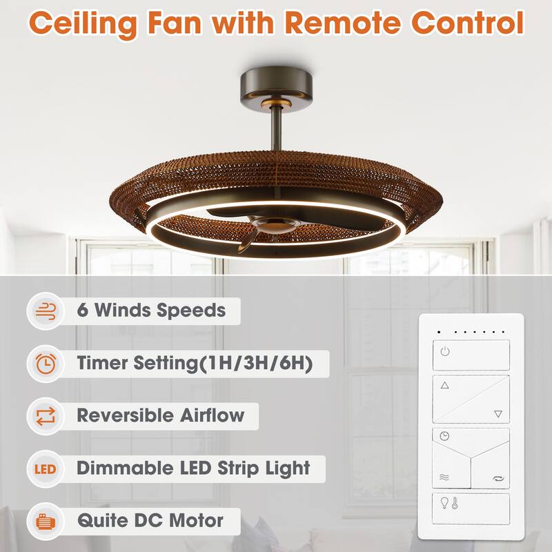 33" Coastal Rattan Fandelier Bladeless LED Ceiling Fan with Light and Remote