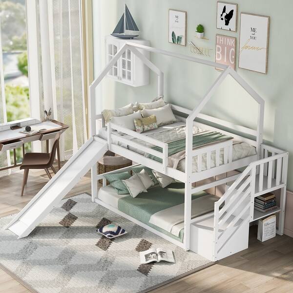 slide 2 of 30, Modern Design Twin over Twin Bunk Bed with Convertible Slide and Storage Staircase,Wood House Bed with Roof White