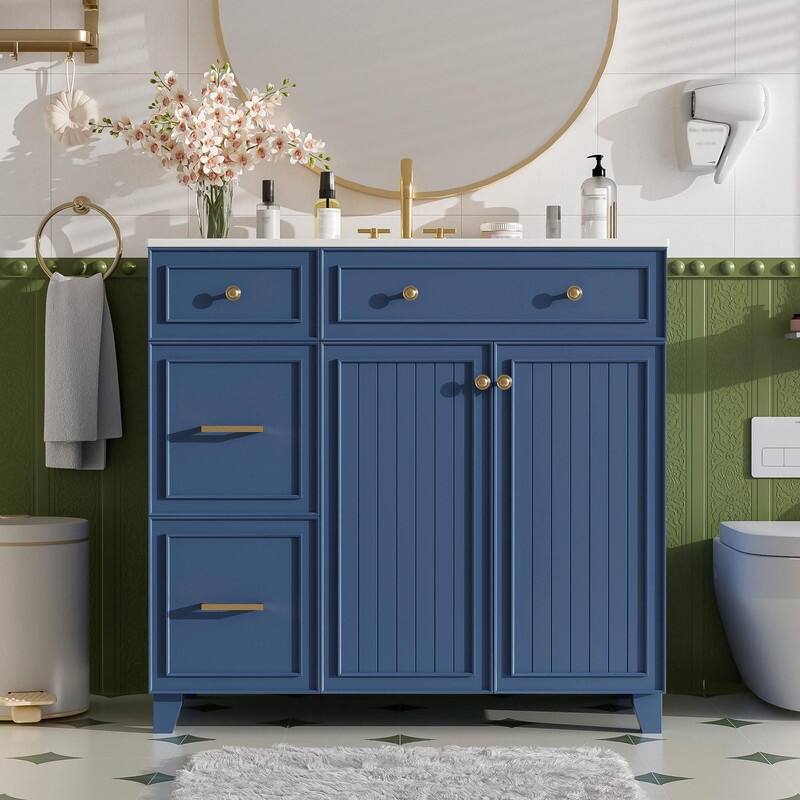 36" Bathroom Vanity with Ceramic Sink, Soft-Close Doors, Standard & Double-Layer Drawers & Adjustable Shelves - Blue
