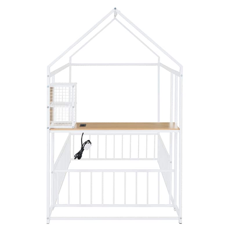 Twin Size Metal Bed House Bed Frame with Desk, Shelves, Power Outlets and USB Ports, White