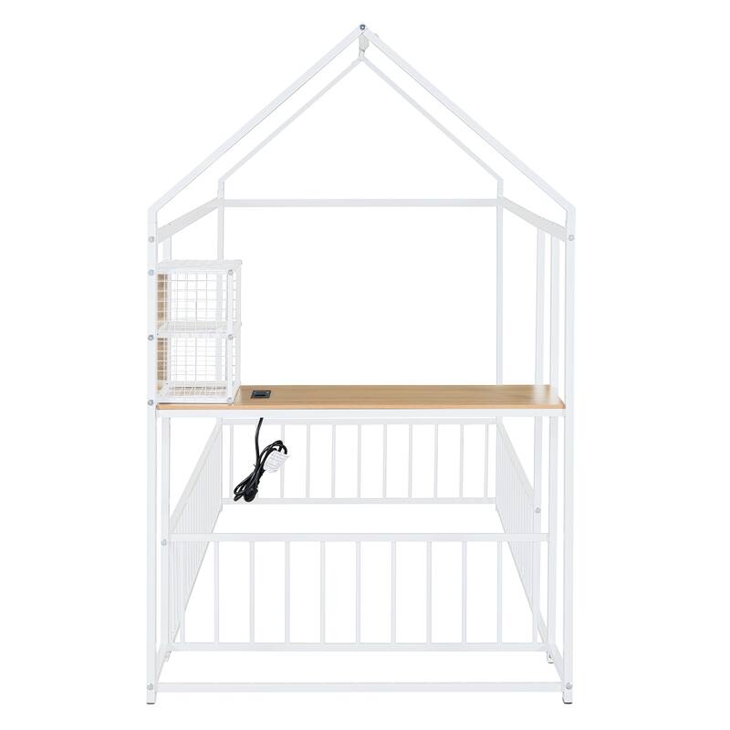 Twin Size Metal House Platform Bed Frame with Built-In Desk, USB Charging And Storage Shelves