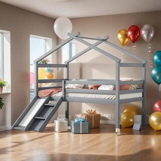 Twin Low Loft House Bed with Slide, Ladder, Safety Guardrails, Grey