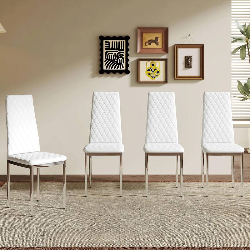 Modern White PU Dining Chairs Set of 4 - Diamond Quilted High Back Design with Silver Chrome Metal Legs - White