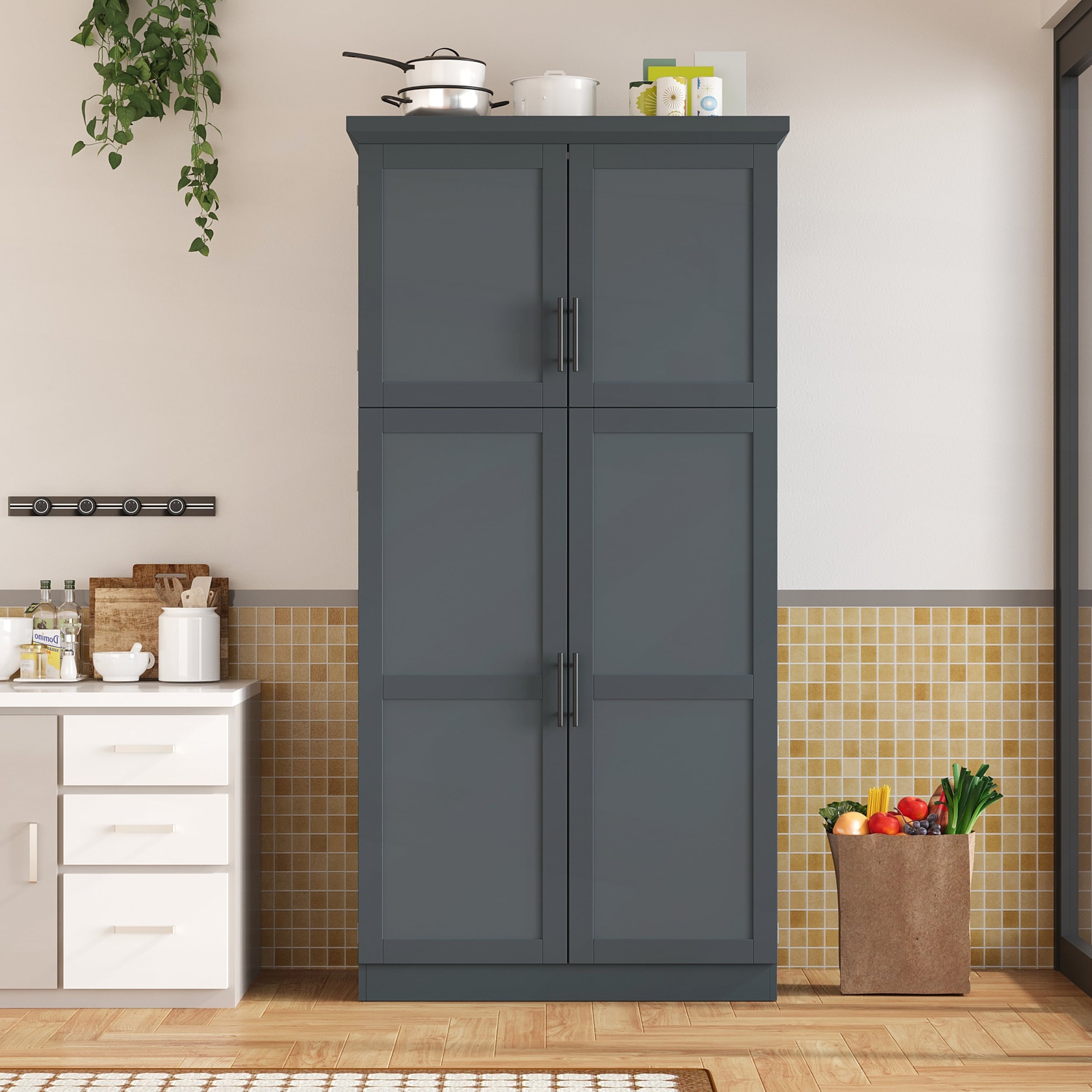 Freestanding Kitchen Pantry Cabinet with 4 Doors, 8 Pull-out Trays, and Adjustable Shelves